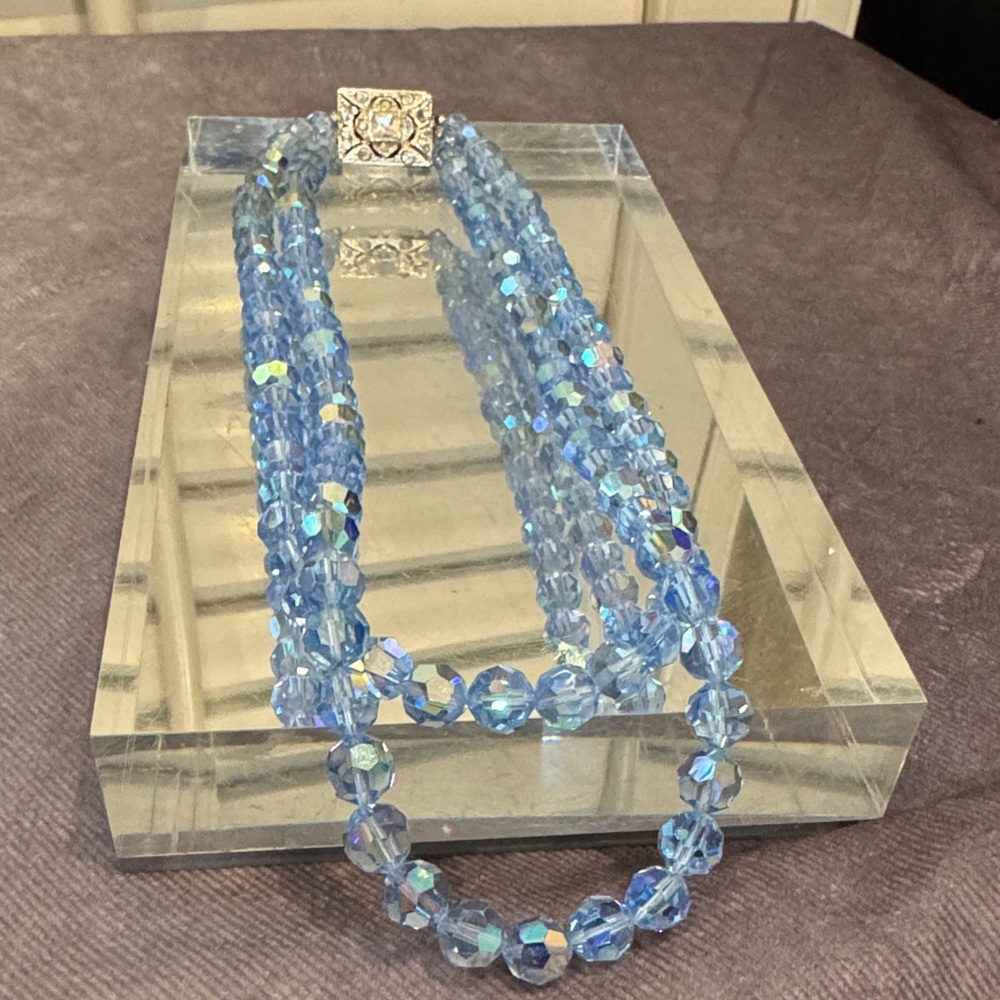 Vintage Dazzling Blue Aurora Borealis Double String Crystal Necklace